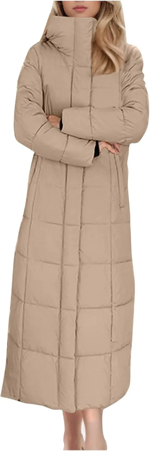 Long Puffer Jacket for Women Stand Collar Zipper Down Coats Hooded Maxi Length Trench Coat 2024 Winter Thickened Jacket