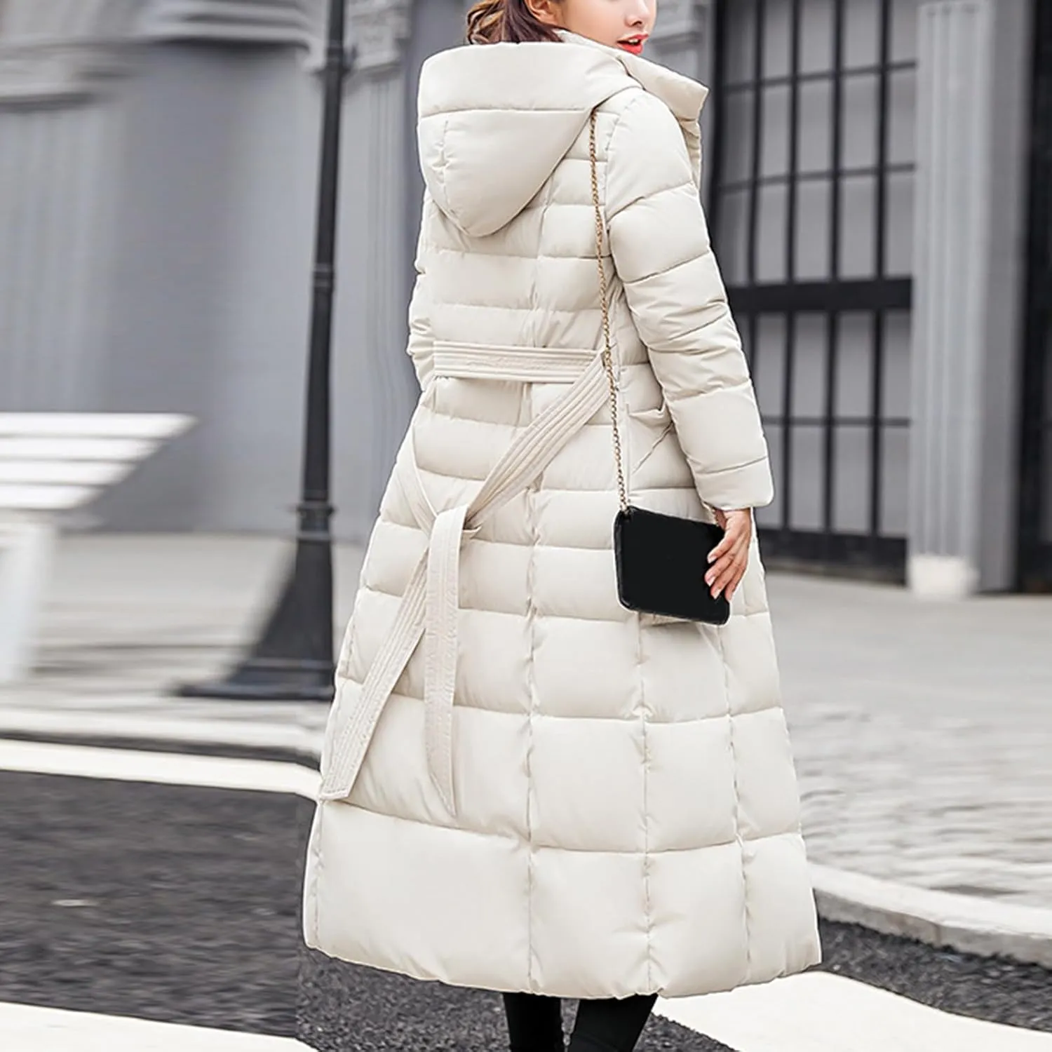 Long Puffer Jacket Women Maxi Length Quilted Down Jacket Winter Warm Padded Coat Outerwear with Fur Collar Hood