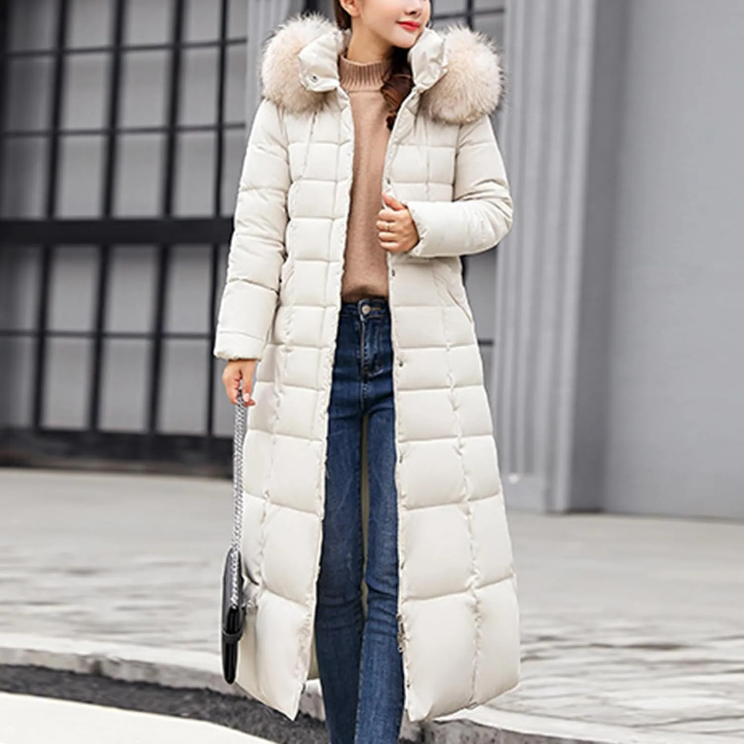 Long Puffer Jacket Women Maxi Length Quilted Down Jacket Winter Warm Padded Coat Outerwear with Fur Collar Hood