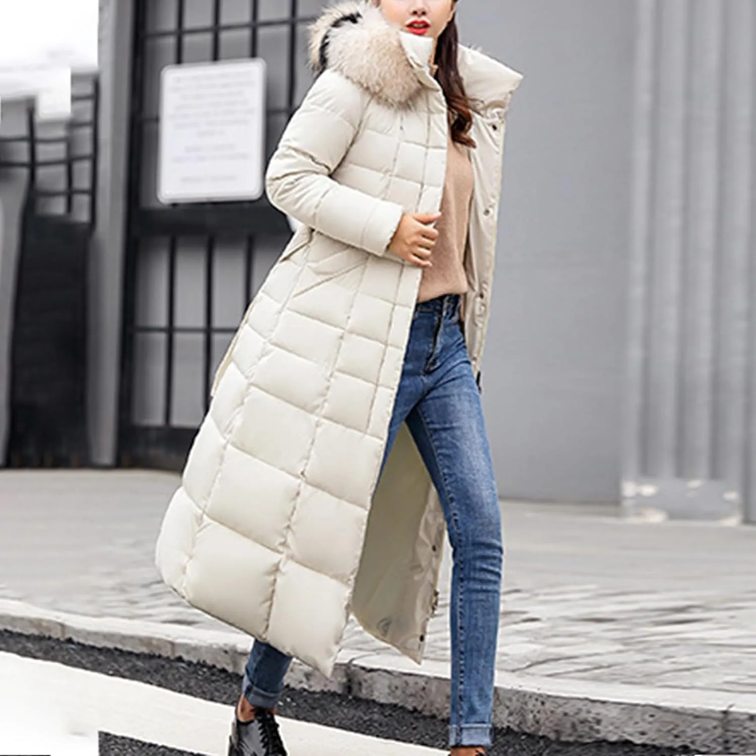 Long Puffer Jacket Women Maxi Length Quilted Down Jacket Winter Warm Padded Coat Outerwear with Fur Collar Hood