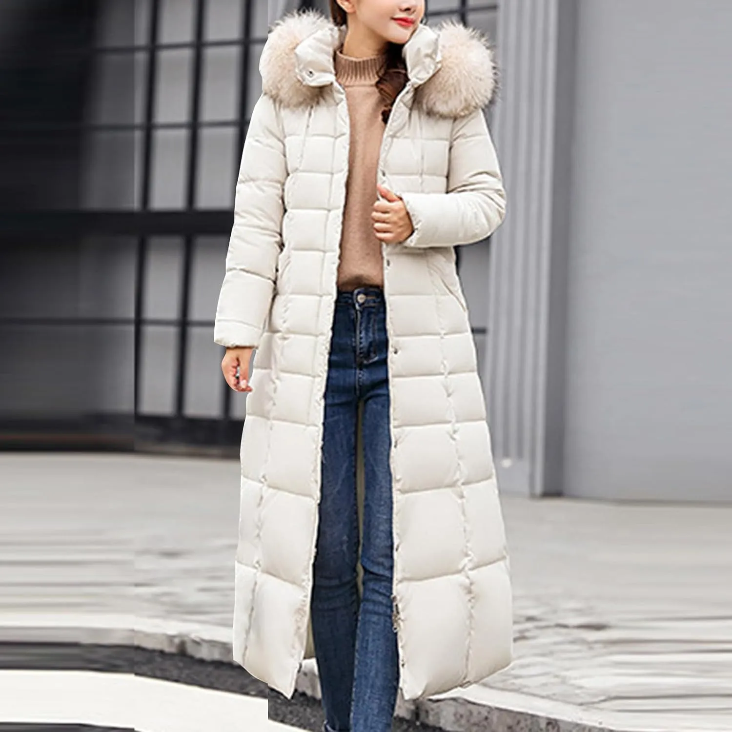 Long Puffer Jacket Women Maxi Length Quilted Down Jacket Winter Warm Padded Coat Outerwear with Fur Collar Hood