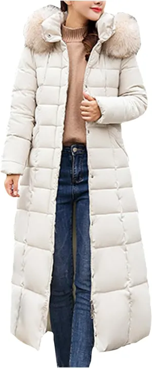 Long Puffer Jacket Women Maxi Length Quilted Down Jacket Winter Warm Padded Coat Outerwear with Fur Collar Hood