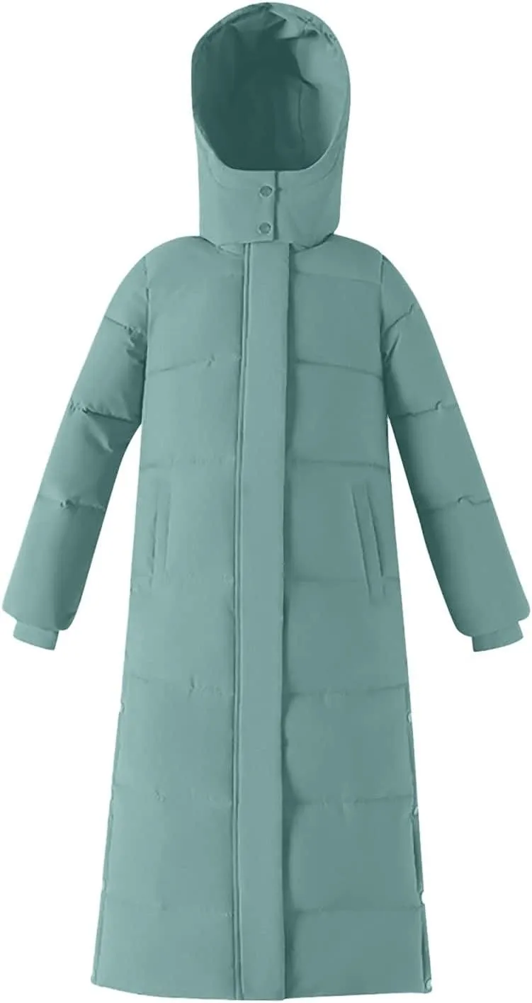 Long Puffer Jacket Womens Trendy Winter Coats Down Quilted Jacket Thicken Warm Coat Side Split Long Sleeve Jacket