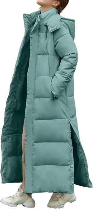 Long Puffer Jacket Womens Trendy Winter Coats Down Quilted Jacket Thicken Warm Coat Side Split Long Sleeve Jacket
