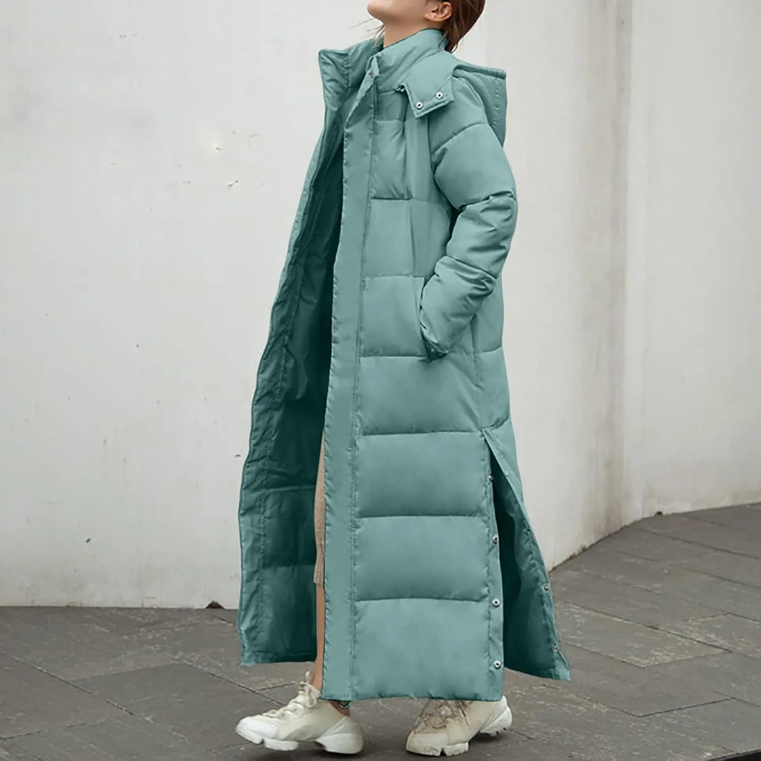 Long Puffer Jacket Womens Trendy Winter Coats Down Quilted Jacket Thicken Warm Coat Side Split Long Sleeve Jacket