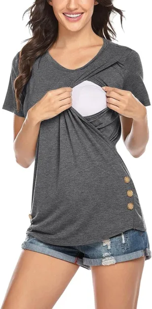 Maternity Nursing Shirts Women Breastfeeding Tops Short Sleeve Comfort Pregnancy Clothes Lounge Cotton Tee Top
