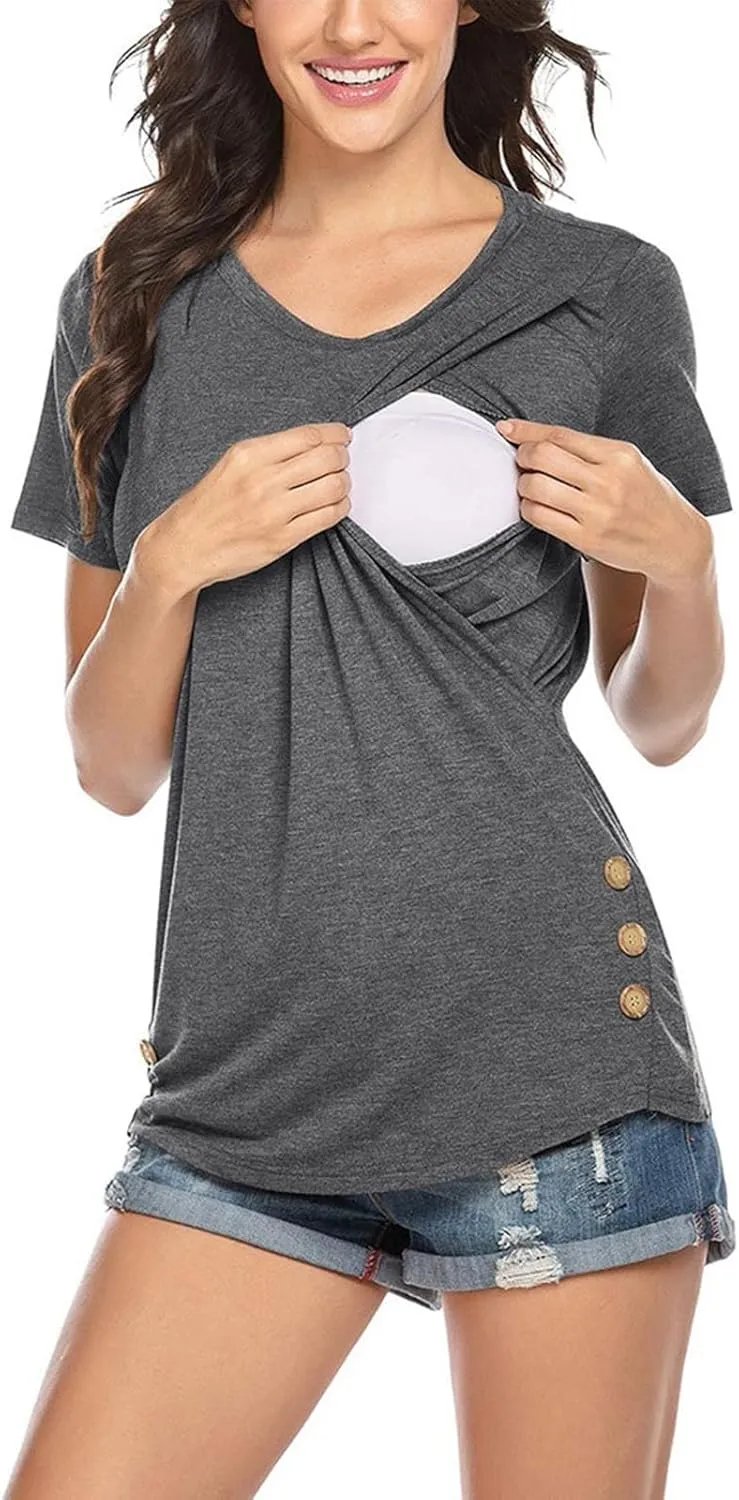 Maternity Nursing Shirts Women Breastfeeding Tops Short Sleeve Comfort Pregnancy Clothes Lounge Cotton Tee Top