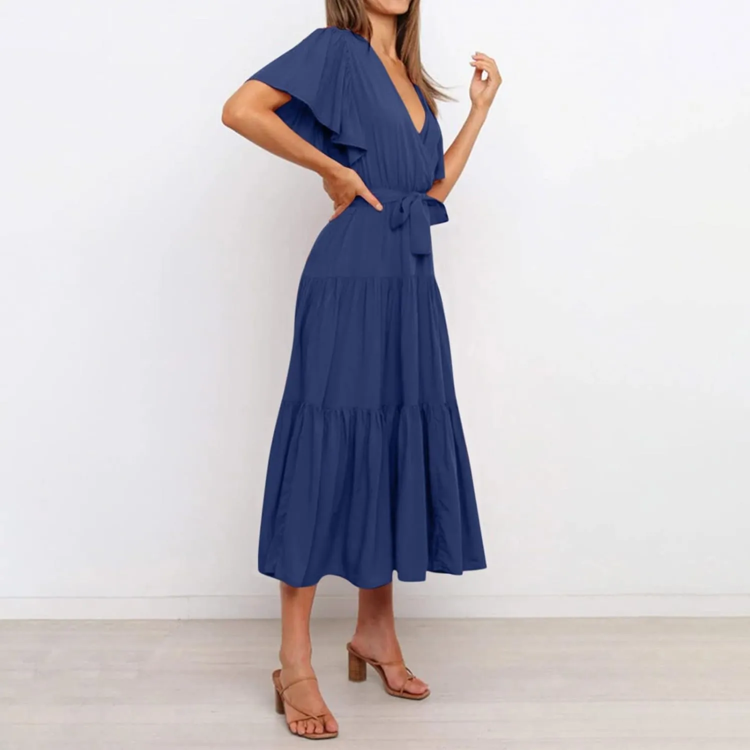 Maxi Dress for Women,2024 Summer Elegant V Neck Short Sleeve Beach Dress, Trendy Flowy Tiered A-Line Boho Dress