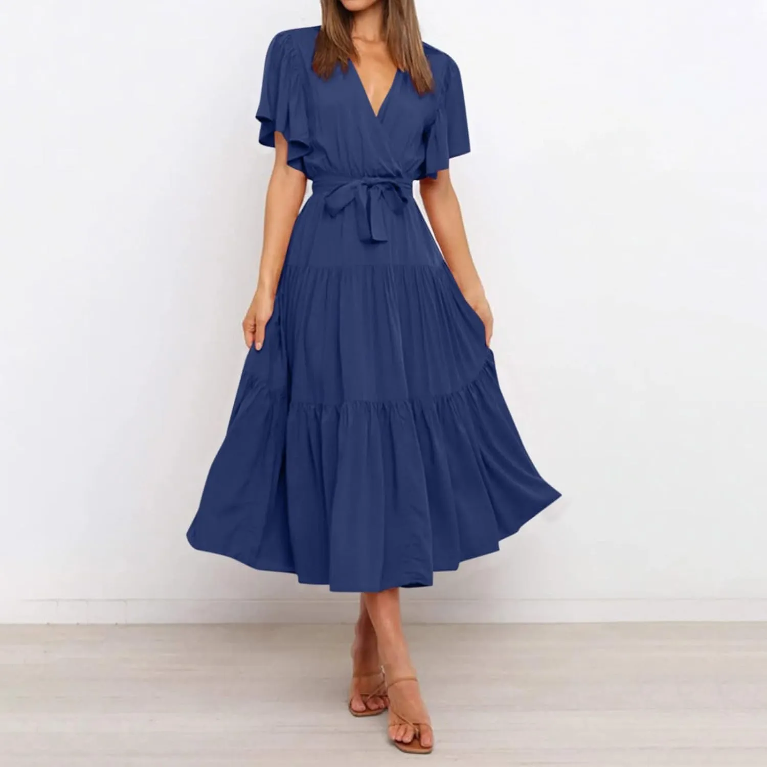 Maxi Dress for Women,2024 Summer Elegant V Neck Short Sleeve Beach Dress, Trendy Flowy Tiered A-Line Boho Dress