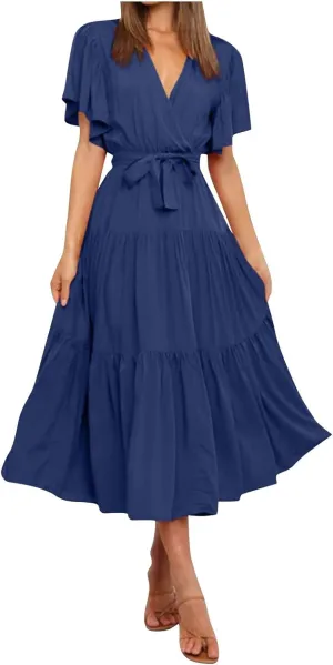 Maxi Dress for Women,2024 Summer Elegant V Neck Short Sleeve Beach Dress, Trendy Flowy Tiered A-Line Boho Dress