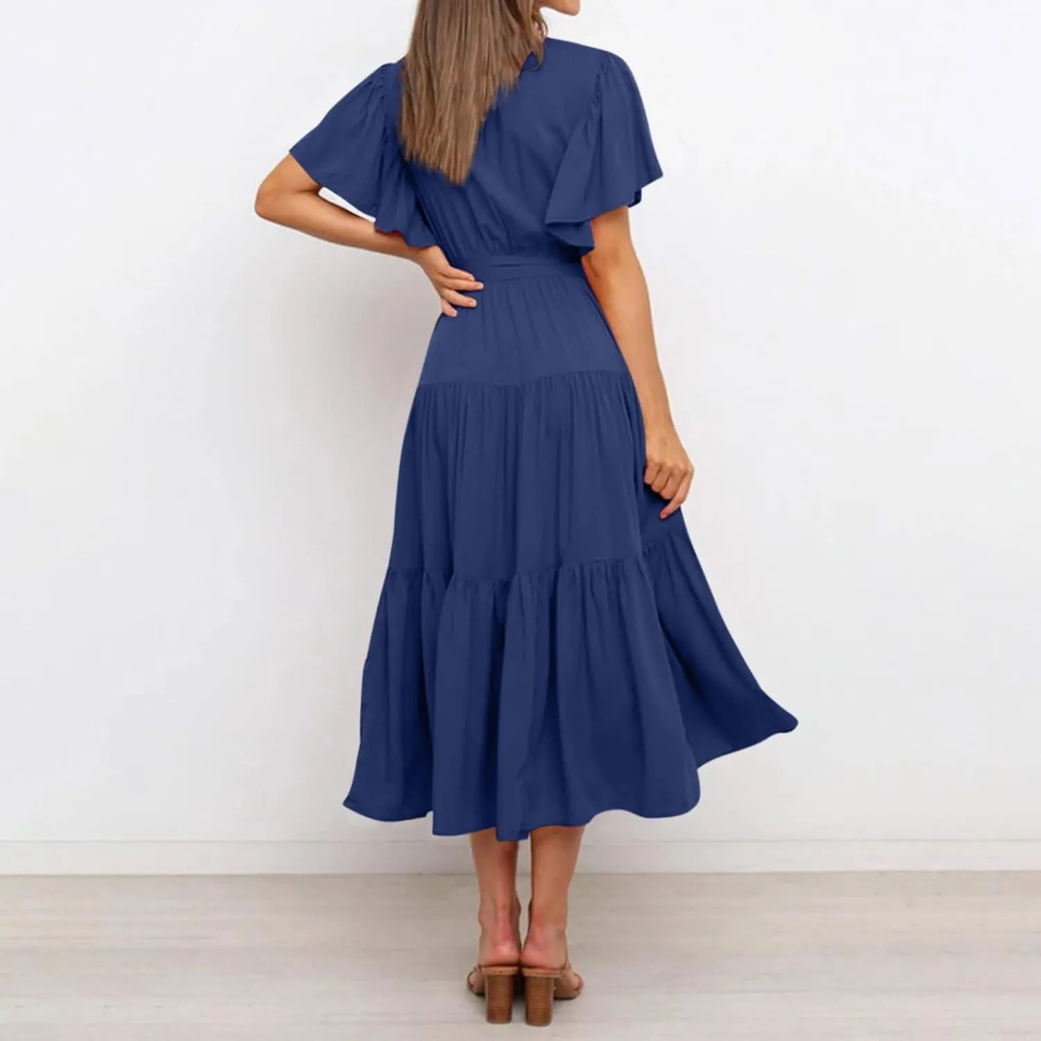 Maxi Dress for Women,2024 Summer Elegant V Neck Short Sleeve Beach Dress, Trendy Flowy Tiered A-Line Boho Dress