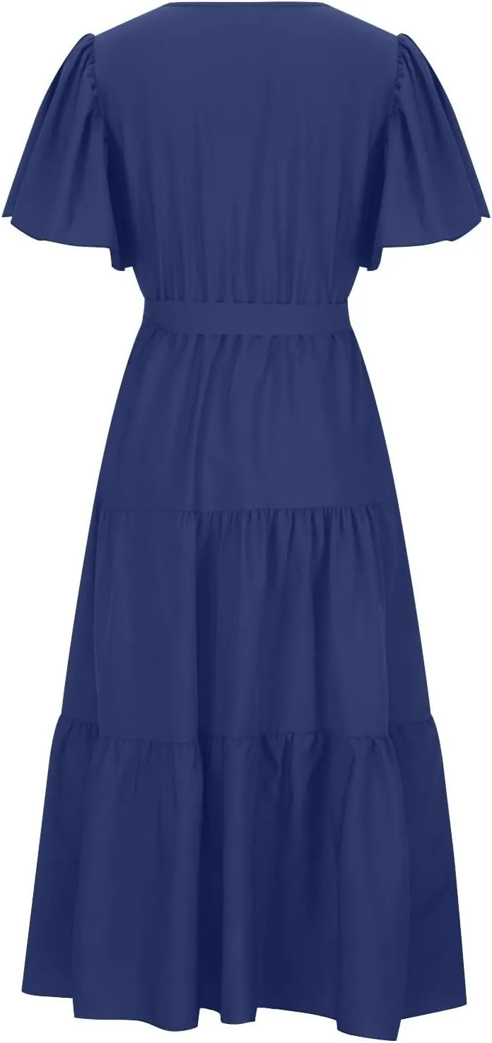 Maxi Dress for Women,2024 Summer Elegant V Neck Short Sleeve Beach Dress, Trendy Flowy Tiered A-Line Boho Dress