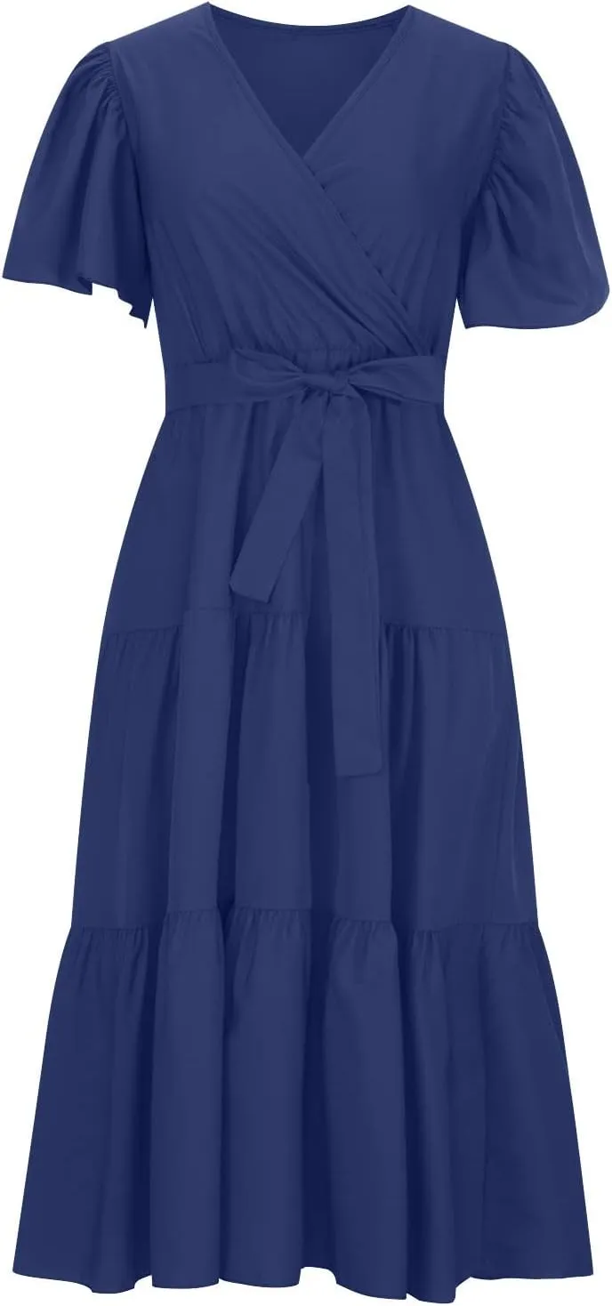Maxi Dress for Women,2024 Summer Elegant V Neck Short Sleeve Beach Dress, Trendy Flowy Tiered A-Line Boho Dress