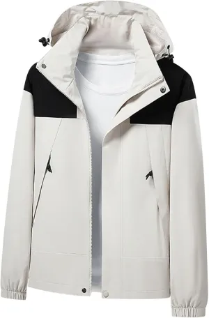 Men Button Zipper Jacket Stand Collar Hooded Outdoor Windproof Jacket Fashion Long Sleeve Outerwear with Pocket