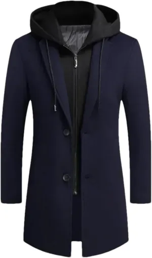 Men Patchwork Hooded Long Jacket Coat Business Thick Slim Single Breasted Cardigan Outwear