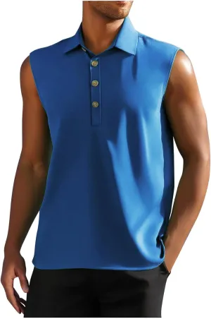 Mens Athletic Golf Tennis Tank Top Casual Sleeveless Button Down Lapel Collar Quick Dry Shirts Workout Running Gym Tee