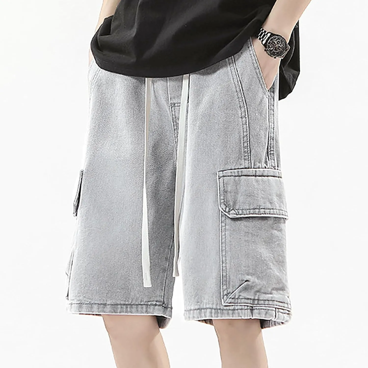 Mens Baggy Denim Jorts Y2K Vintage Loose Fit Hip Hop Jean Shorts Wide Leg Long Jeans Streetwear Clothes