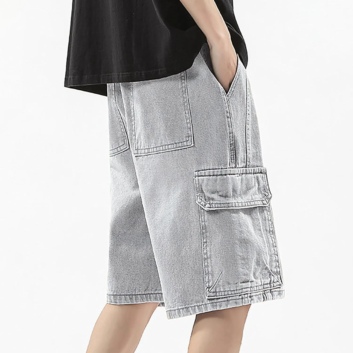 Mens Baggy Denim Jorts Y2K Vintage Loose Fit Hip Hop Jean Shorts Wide Leg Long Jeans Streetwear Clothes