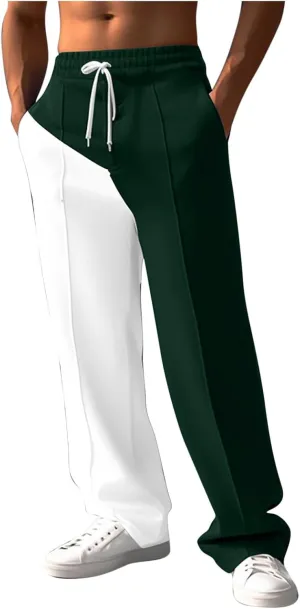 Mens Baggy Sweatpants Color Match Elastic Waist Drawstring Straight Leg Pants Casual Fashion Sports Trousers