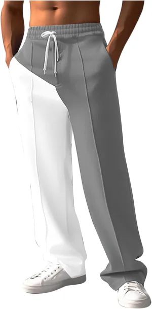 Mens Baggy Sweatpants Color Match Elastic Waist Drawstring Straight Leg Pants Casual Fashion Sports Trousers