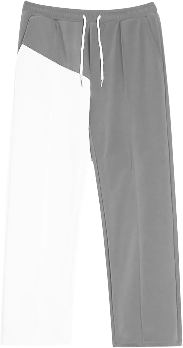 Mens Baggy Sweatpants Color Match Elastic Waist Drawstring Straight Leg Pants Casual Fashion Sports Trousers