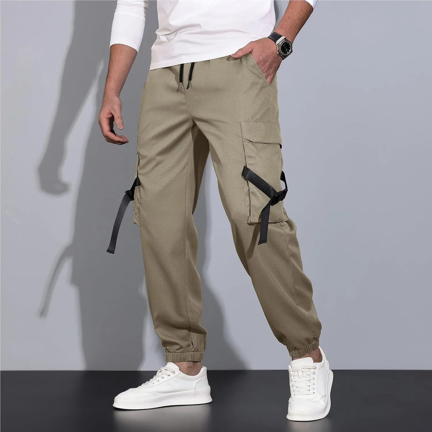 Men's Cargo Trousers Drawstring Elastic Waist Pants Lightweight Tapered Pant Casual Sweatpants Athletic Workout Bottoms