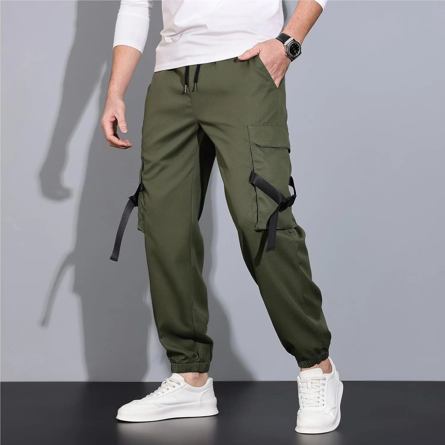 Men's Cargo Trousers Drawstring Elastic Waist Pants Lightweight Tapered Pant Casual Sweatpants Athletic Workout Bottoms