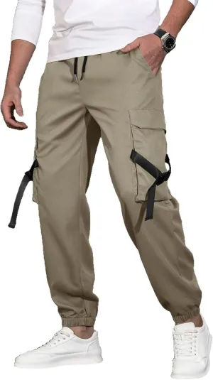 Men's Cargo Trousers Drawstring Elastic Waist Pants Lightweight Tapered Pant Casual Sweatpants Athletic Workout Bottoms