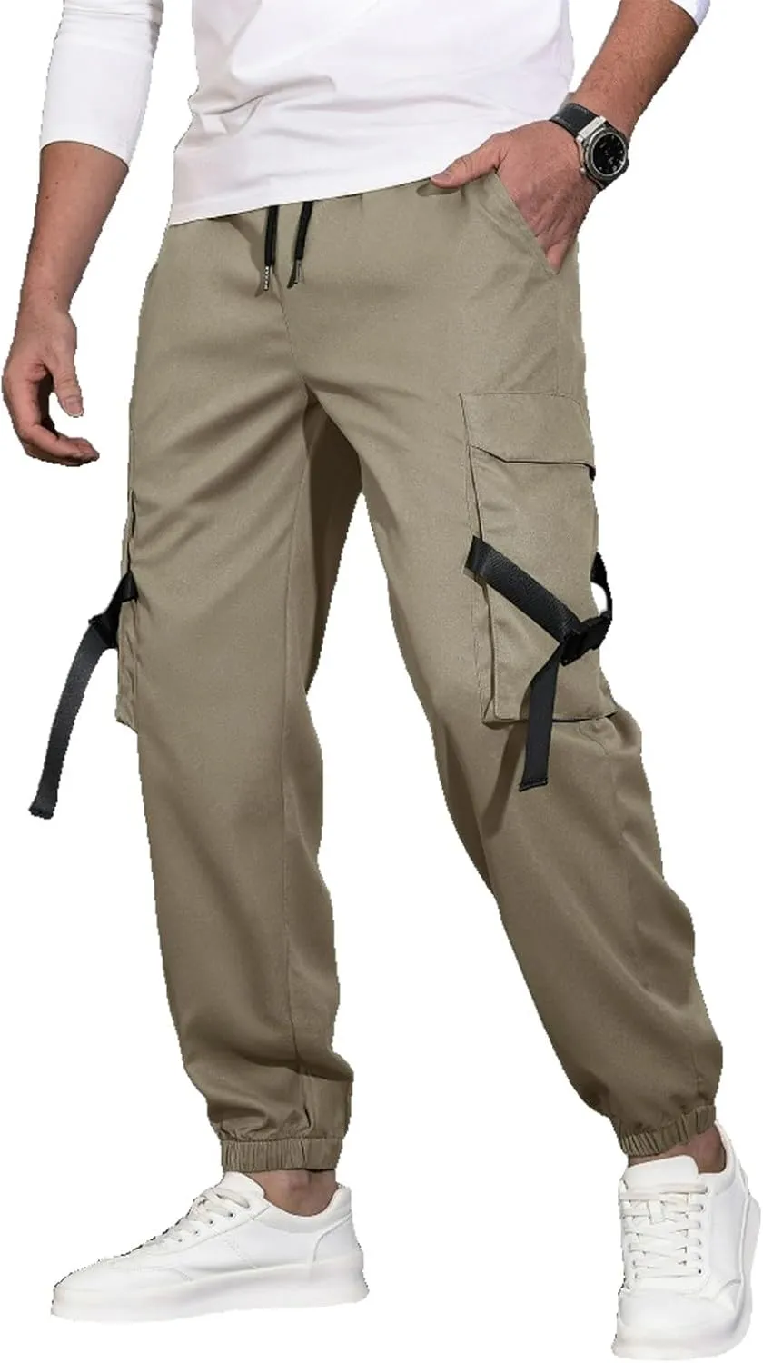 Men's Cargo Trousers Drawstring Elastic Waist Pants Lightweight Tapered Pant Casual Sweatpants Athletic Workout Bottoms