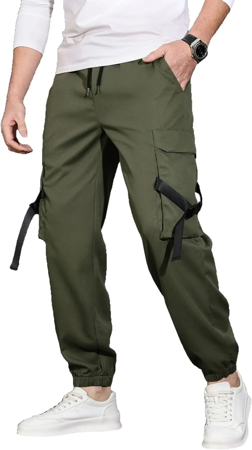 Men's Cargo Trousers Drawstring Elastic Waist Pants Lightweight Tapered Pant Casual Sweatpants Athletic Workout Bottoms