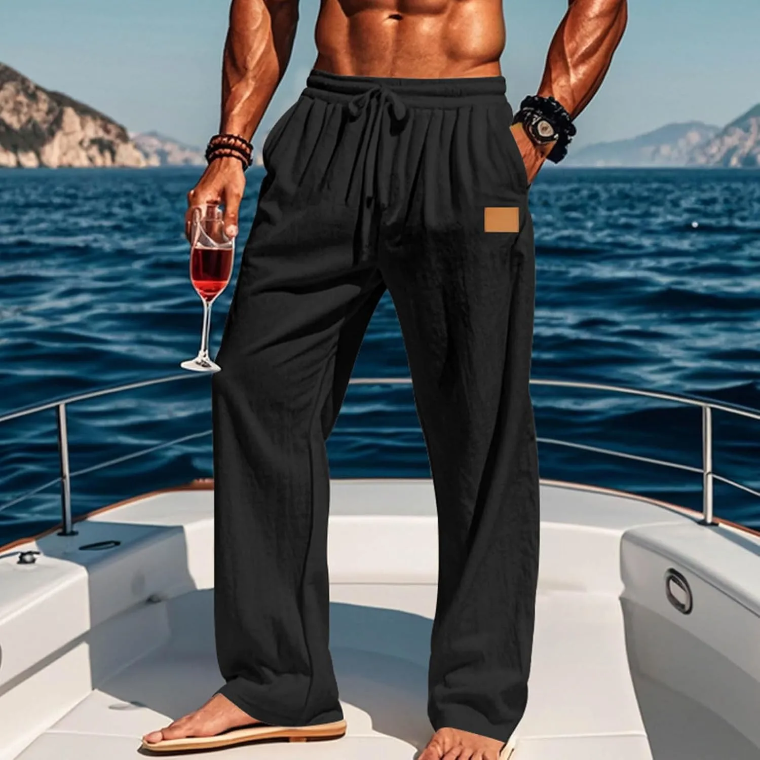 Mens Casual Cotton Linen Pants Regular Fit Elastic Waist Trousers Lightweight Pleated Wide Leg Linen Pant Drawstring