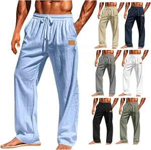 Mens Casual Cotton Linen Pants Regular Fit Elastic Waist Trousers Lightweight Pleated Wide Leg Linen Pant Drawstring