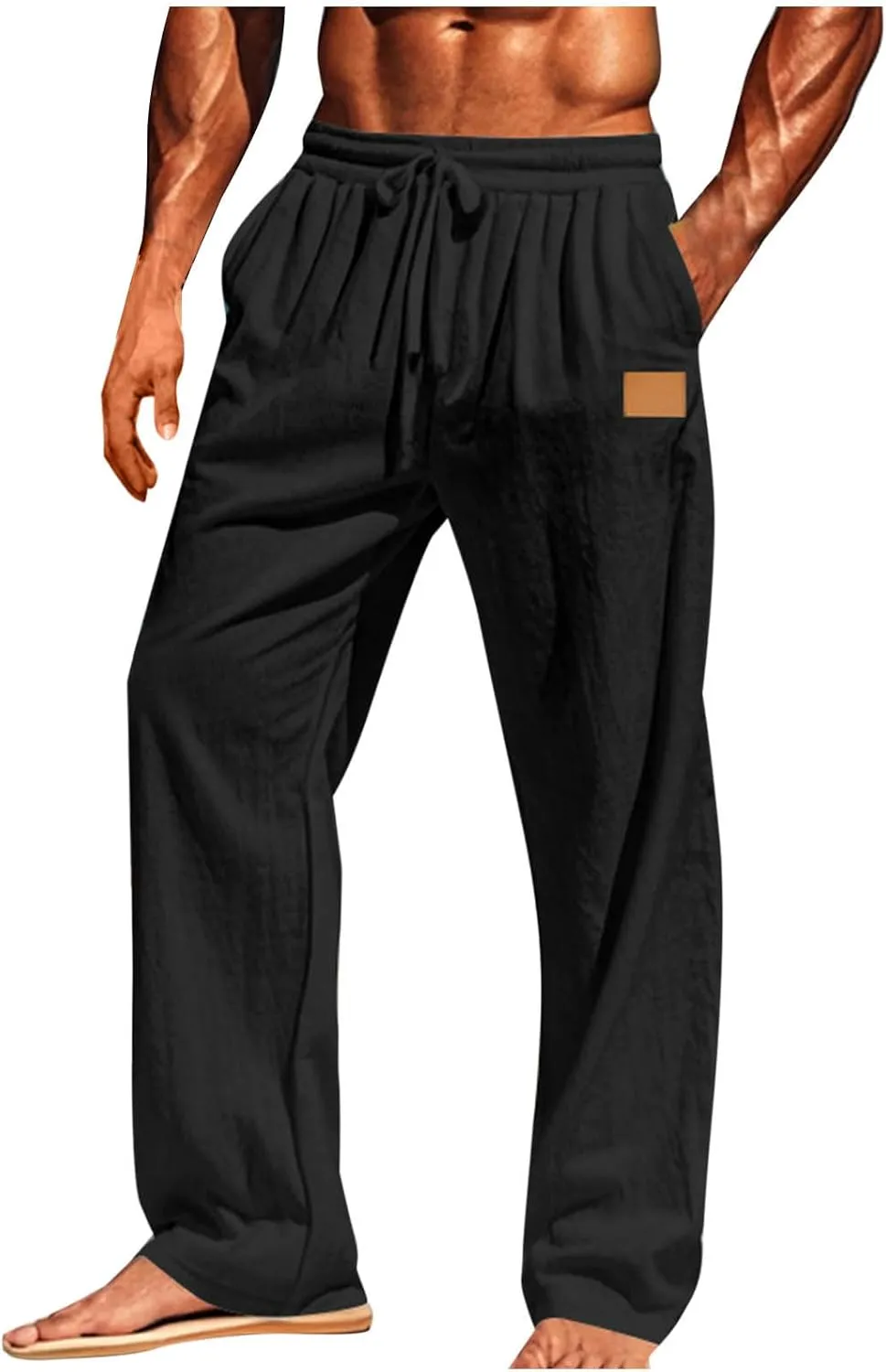 Mens Casual Cotton Linen Pants Regular Fit Elastic Waist Trousers Lightweight Pleated Wide Leg Linen Pant Drawstring
