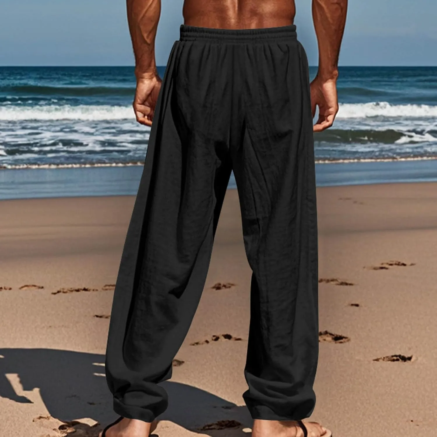 Mens Casual Cotton Linen Pants Regular Fit Elastic Waist Trousers Lightweight Pleated Wide Leg Linen Pant Drawstring