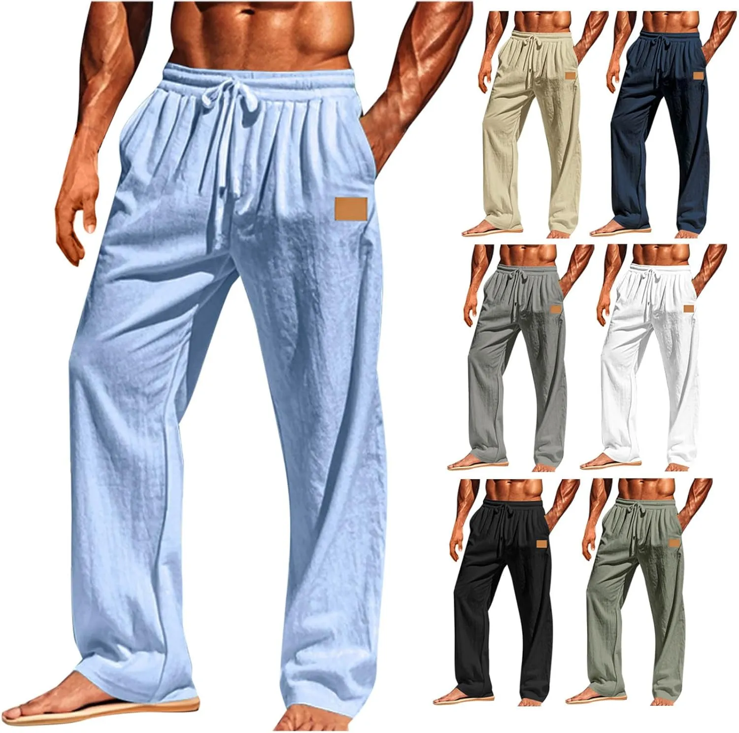 Mens Casual Cotton Linen Pants Regular Fit Elastic Waist Trousers Lightweight Pleated Wide Leg Linen Pant Drawstring