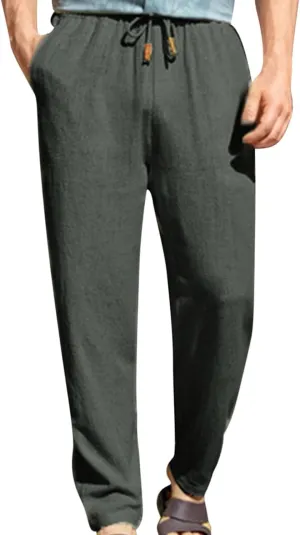 Mens Casual Pants Elastic Waist Drawstring Beach Pants Summer Lightweight Linen Comfy Pant Trousers with Pockets