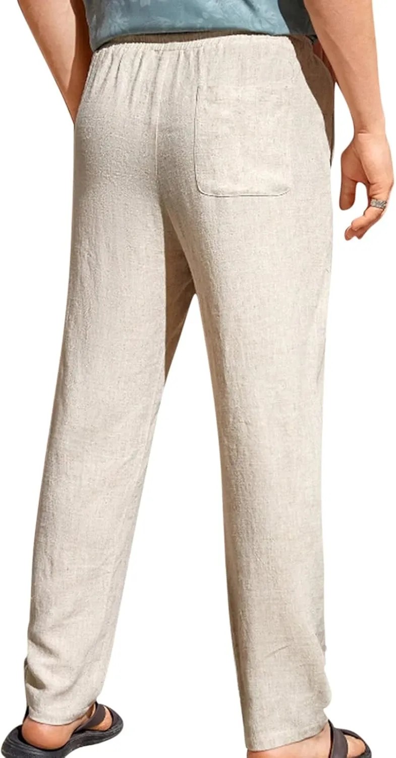 Mens Casual Pants Elastic Waist Drawstring Beach Pants Summer Lightweight Linen Comfy Pant Trousers with Pockets