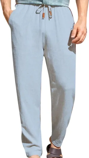 Mens Casual Pants Elastic Waist Drawstring Beach Pants Summer Lightweight Linen Comfy Pant Trousers with Pockets