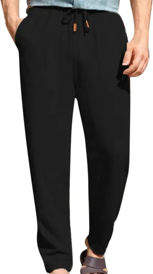 Mens Casual Pants Elastic Waist Drawstring Beach Pants Summer Lightweight Linen Comfy Pant Trousers with Pockets