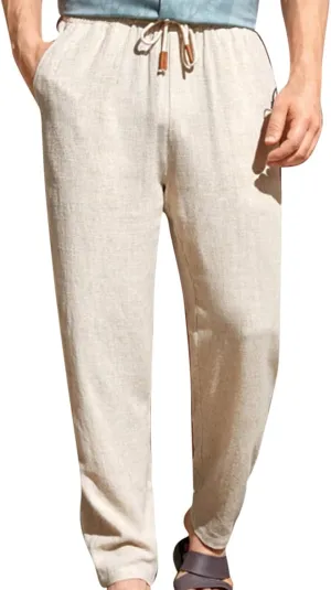 Mens Casual Pants Elastic Waist Drawstring Beach Pants Summer Lightweight Linen Comfy Pant Trousers with Pockets