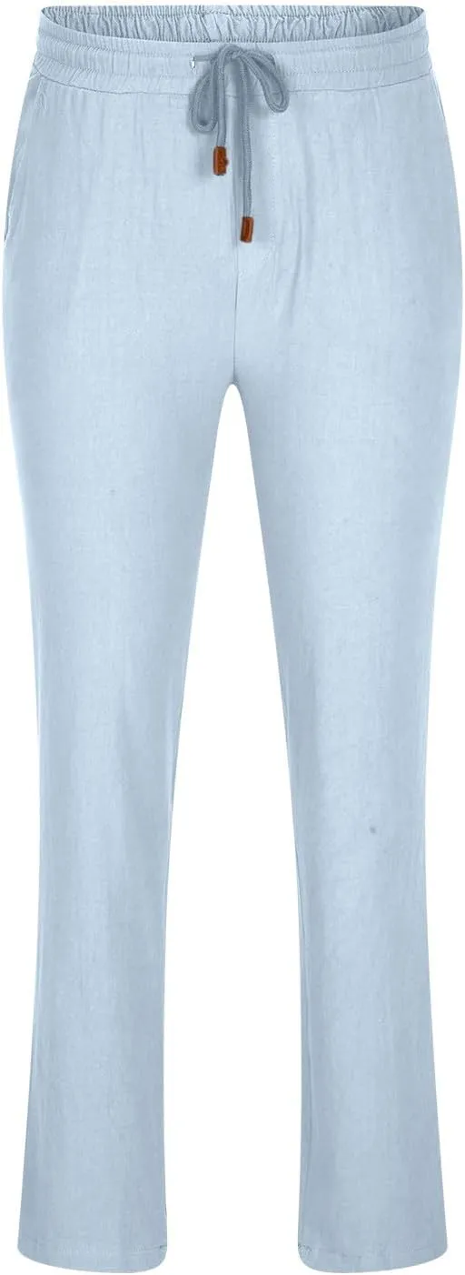 Mens Casual Pants Elastic Waist Drawstring Beach Pants Summer Lightweight Linen Comfy Pant Trousers with Pockets