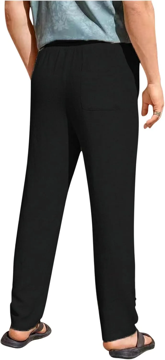 Mens Casual Pants Elastic Waist Drawstring Beach Pants Summer Lightweight Linen Comfy Pant Trousers with Pockets