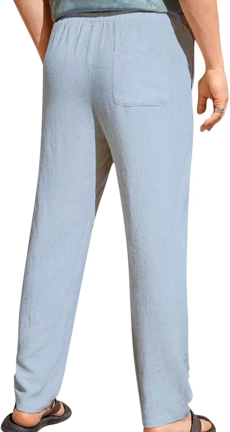 Mens Casual Pants Elastic Waist Drawstring Beach Pants Summer Lightweight Linen Comfy Pant Trousers with Pockets