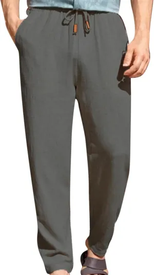 Mens Casual Pants Elastic Waist Drawstring Beach Pants Summer Lightweight Linen Comfy Pant Trousers with Pockets