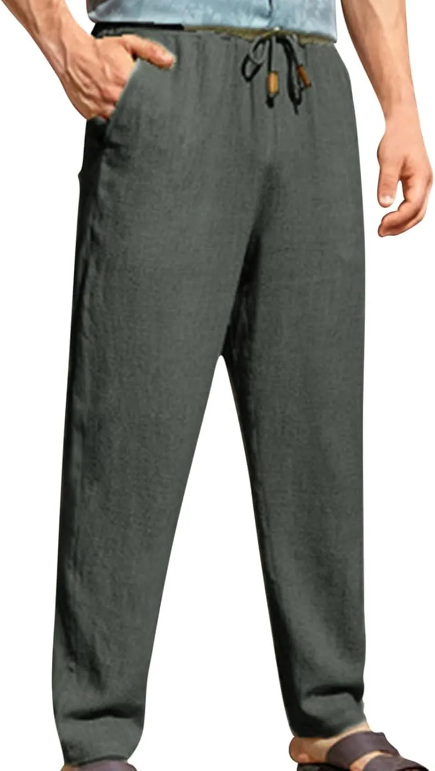 Mens Casual Pants Elastic Waist Drawstring Beach Pants Summer Lightweight Linen Comfy Pant Trousers with Pockets