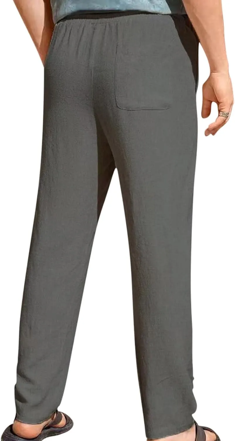 Mens Casual Pants Elastic Waist Drawstring Beach Pants Summer Lightweight Linen Comfy Pant Trousers with Pockets