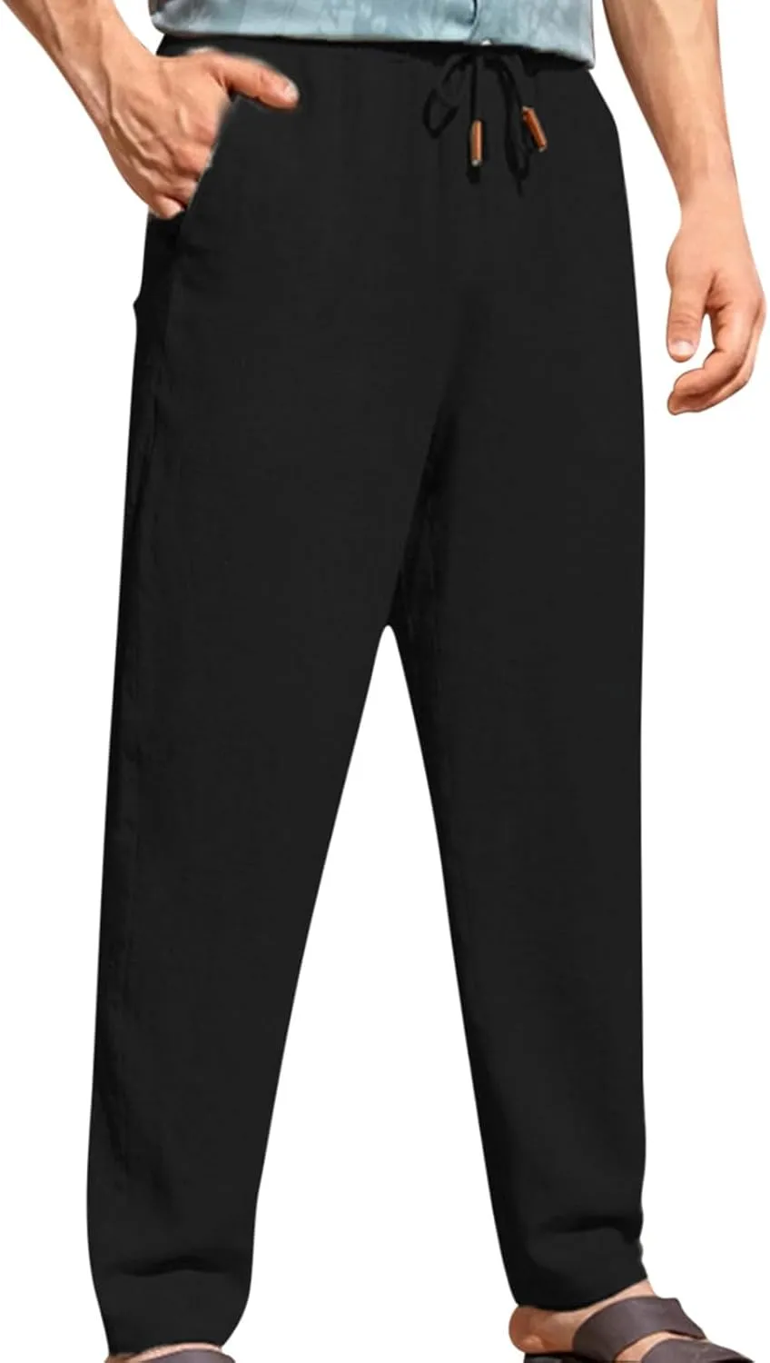 Mens Casual Pants Elastic Waist Drawstring Beach Pants Summer Lightweight Linen Comfy Pant Trousers with Pockets