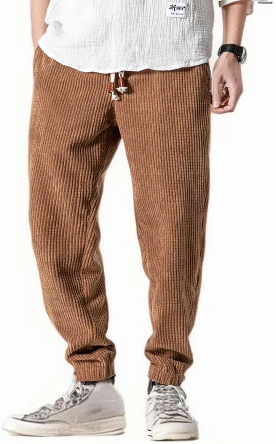 Mens Corduroy Cargo Pants Casual Joggers Tapered Trousers Drawstring Elastic Waist Sweatpants for Men Cotton Baggy Pant