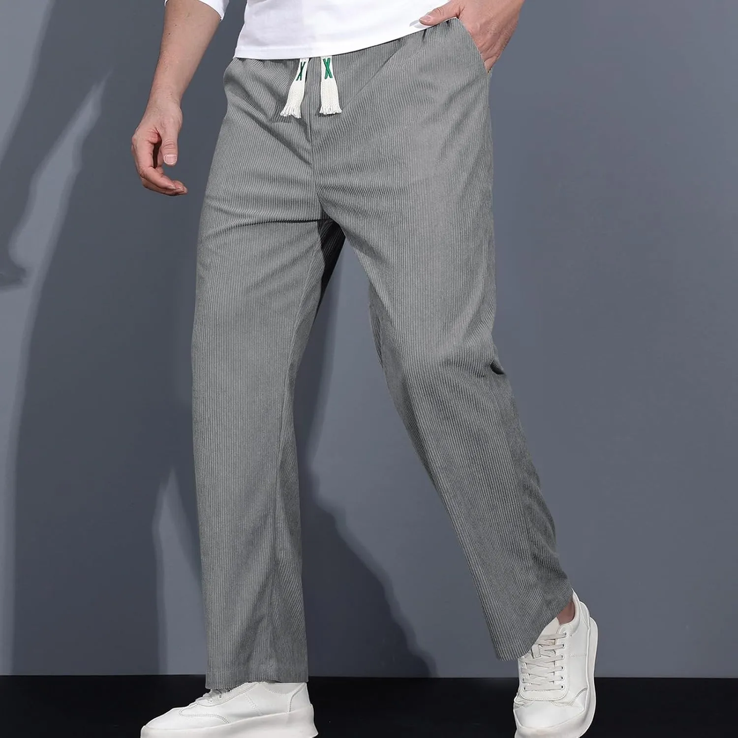 Mens Corduroy Sweatpants Baggy Joggers Straight Leg Trousers Elastic Waist Pants Casual Drawstring Tracksuit Bottoms