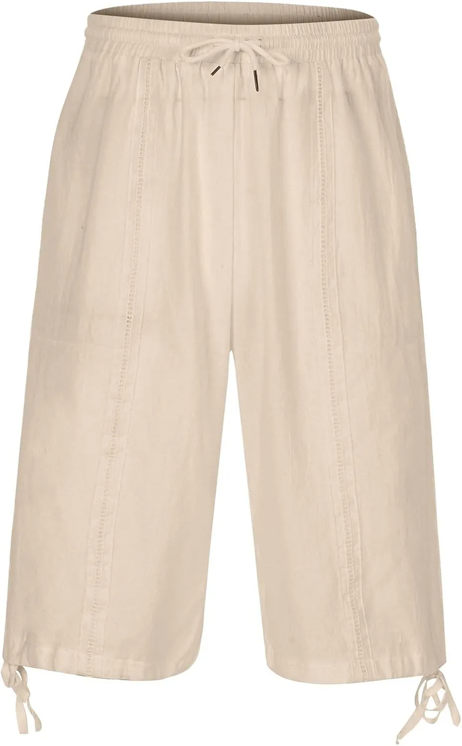 Mens Cotton and Linen Capri Pants Expandable Waist Drawstring Fashion Solid Cropped Pant Summer Loose Workout Jogger Trousers
